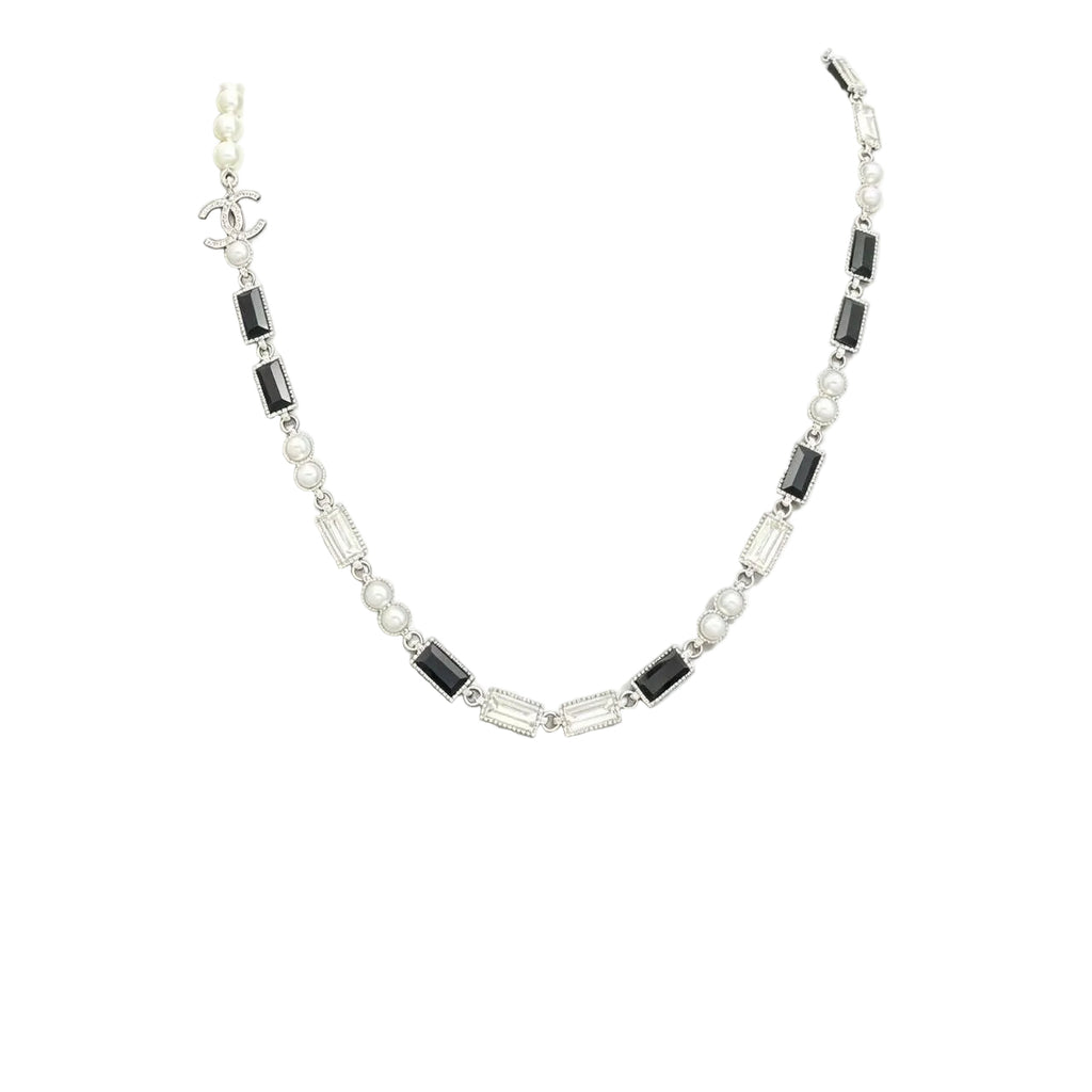 Baguette Crystal and Lustrous Bead Necklace – Interlocking C