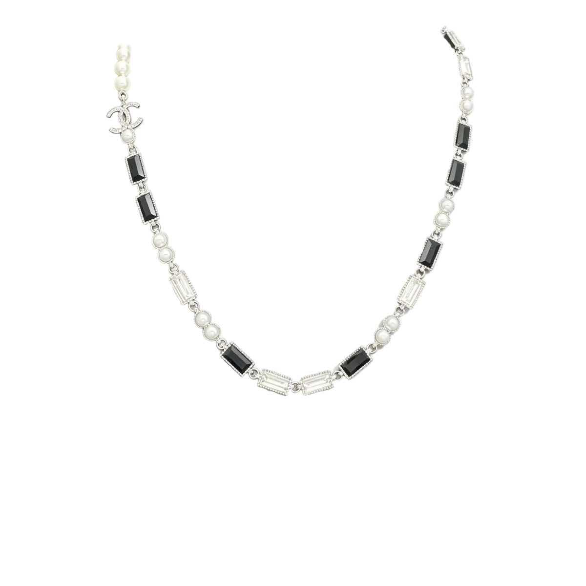 Baguette Crystal and Lustrous Bead Necklace – Interlocking C