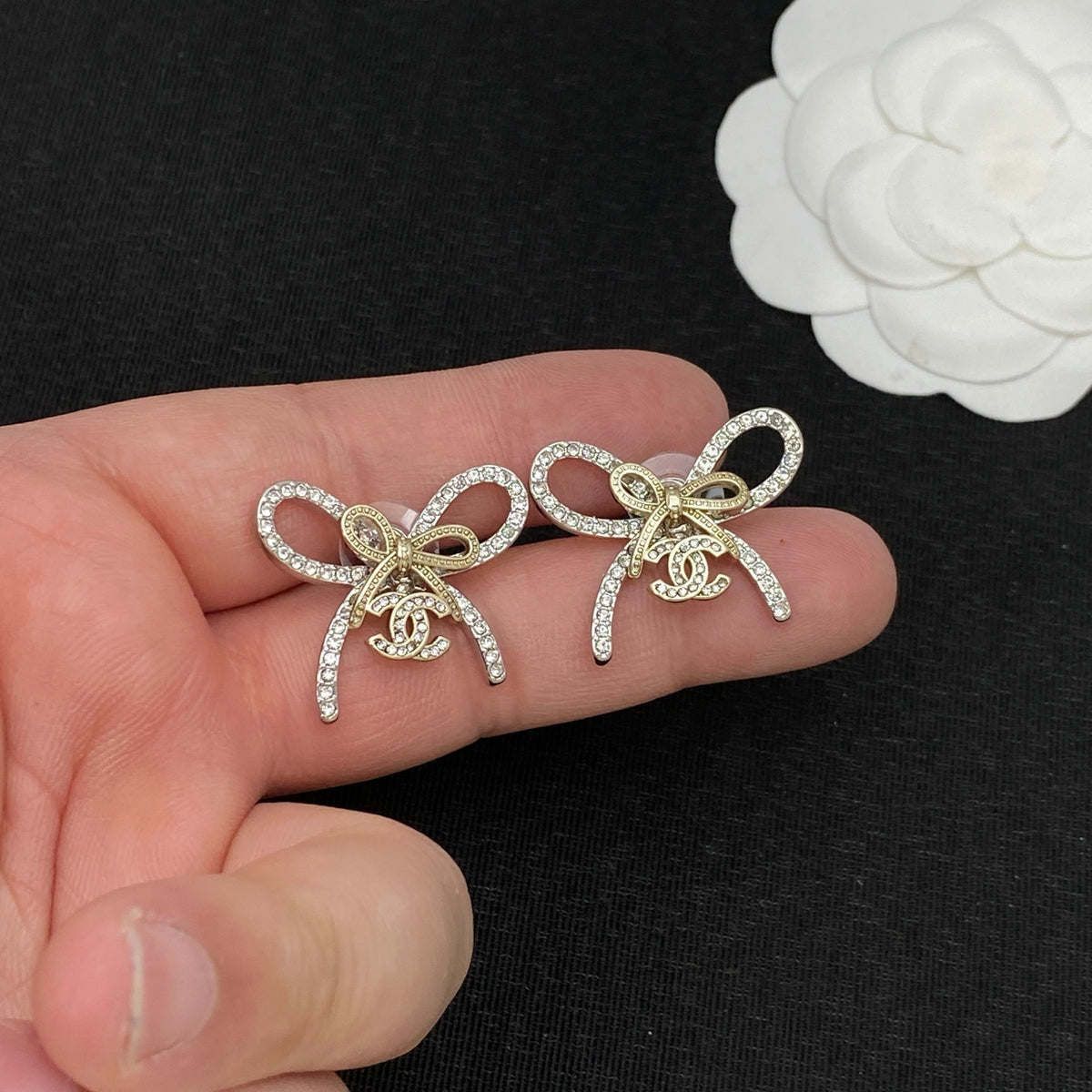 Crystal Pavé Bow Stud Earrings–Two-Tone, Interlocking C Charm