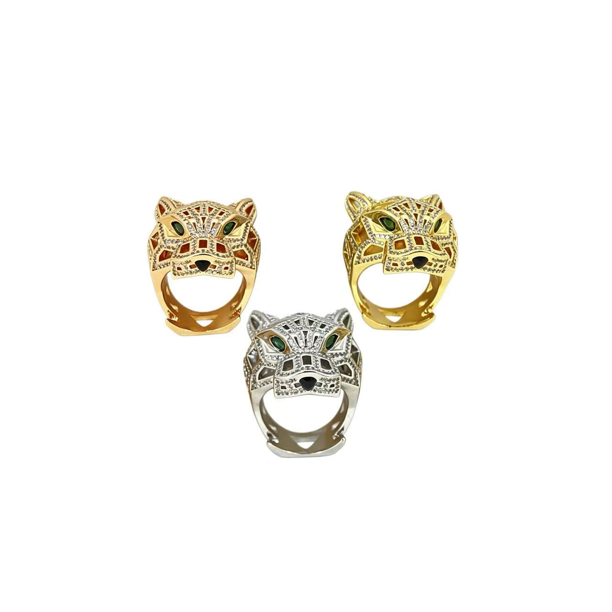 Pavé Openwork Panther Head Ring – Green Stone Eyes