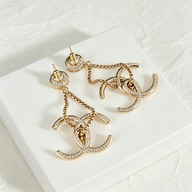 Chain Dangle Double-C Rhinestone Earrings