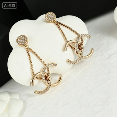 Chain Dangle Double-C Rhinestone Earrings