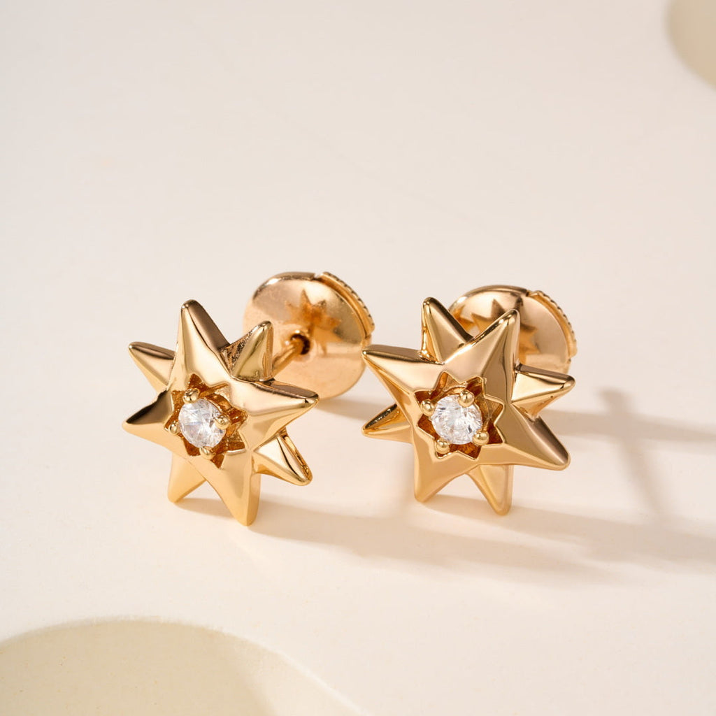 Eight-pointed Star Stud Earrings with Central Gemstones, Minimalist Daily Wear Earrings