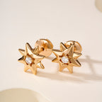 Eight-pointed Star Stud Earrings with Central Gemstones, Minimalist Daily Wear Earrings