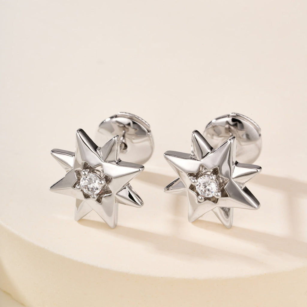 Eight-pointed Star Stud Earrings with Central Gemstones, Minimalist Daily Wear Earrings