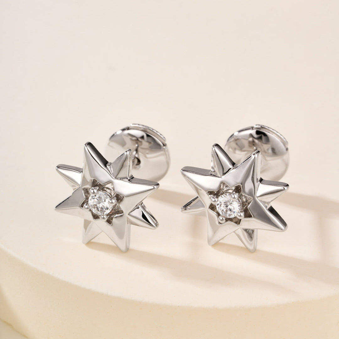 Eight-pointed Star Stud Earrings with Central Gemstones, Minimalist Daily Wear Earrings