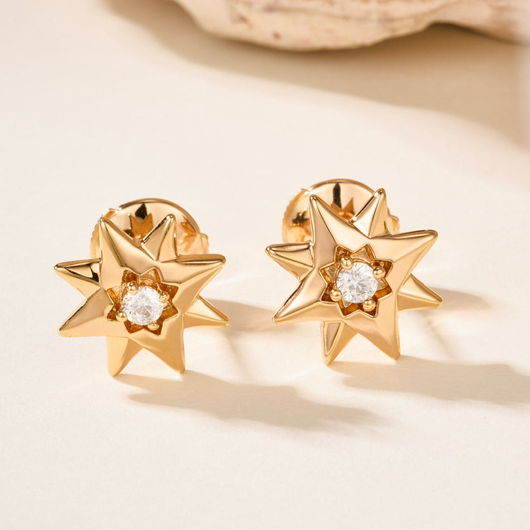Eight-pointed Star Stud Earrings with Central Gemstones, Minimalist Daily Wear Earrings