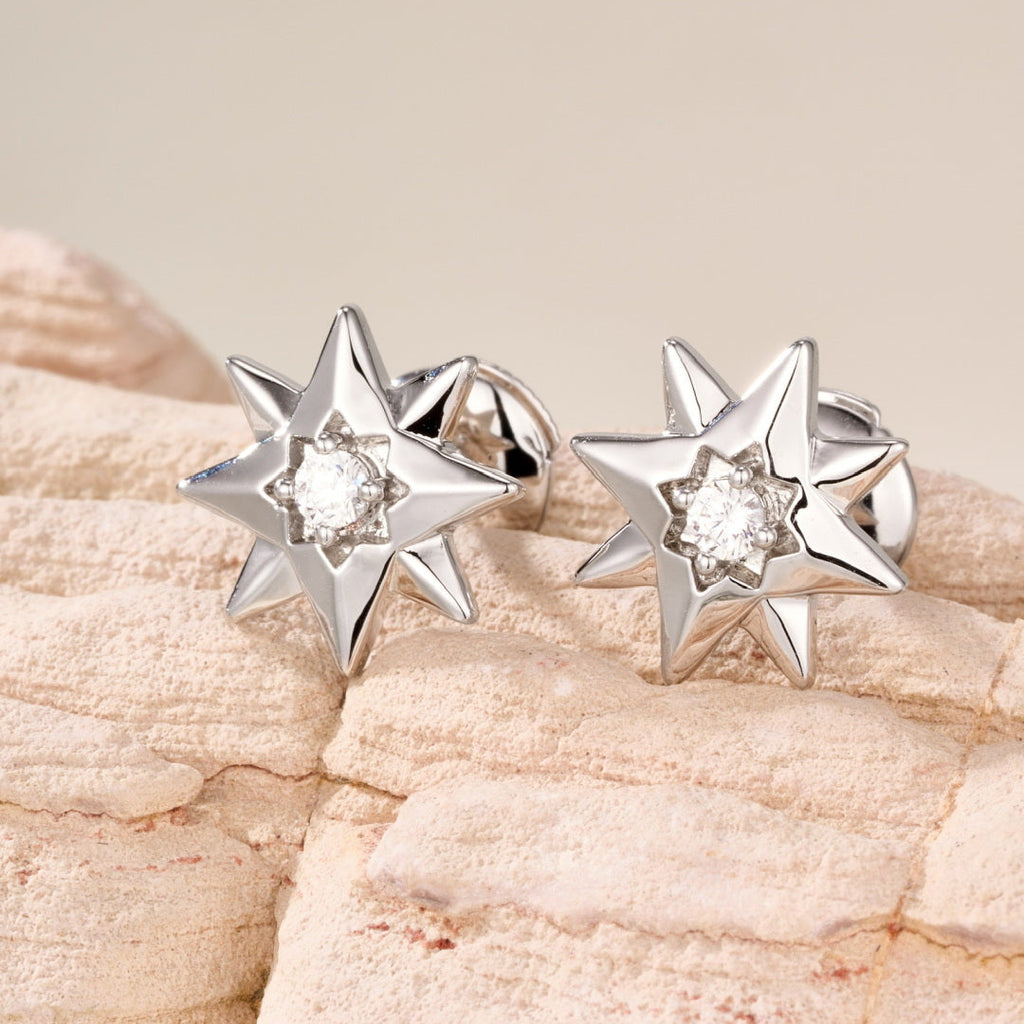 Eight-pointed Star Stud Earrings with Central Gemstones, Minimalist Daily Wear Earrings