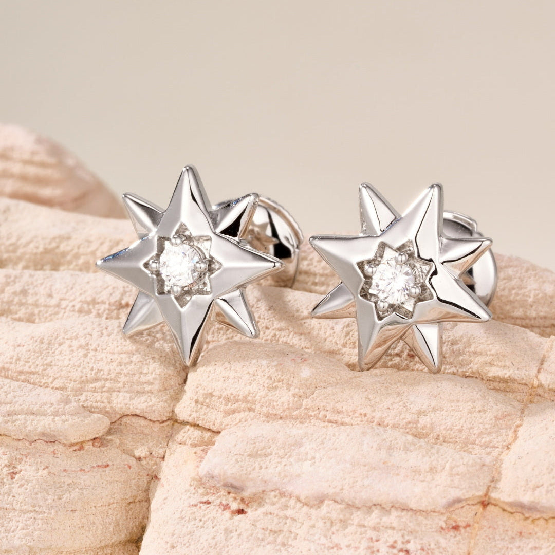Eight-pointed Star Stud Earrings with Central Gemstones, Minimalist Daily Wear Earrings