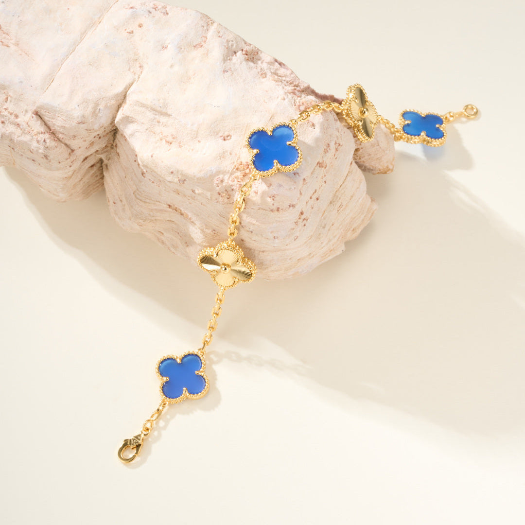 Carved Blue Chalcedony Five-Motif Bracelet – Delicate Floral Design