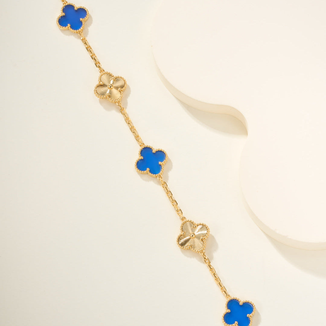 Carved Blue Chalcedony Five-Motif Bracelet – Delicate Floral Design