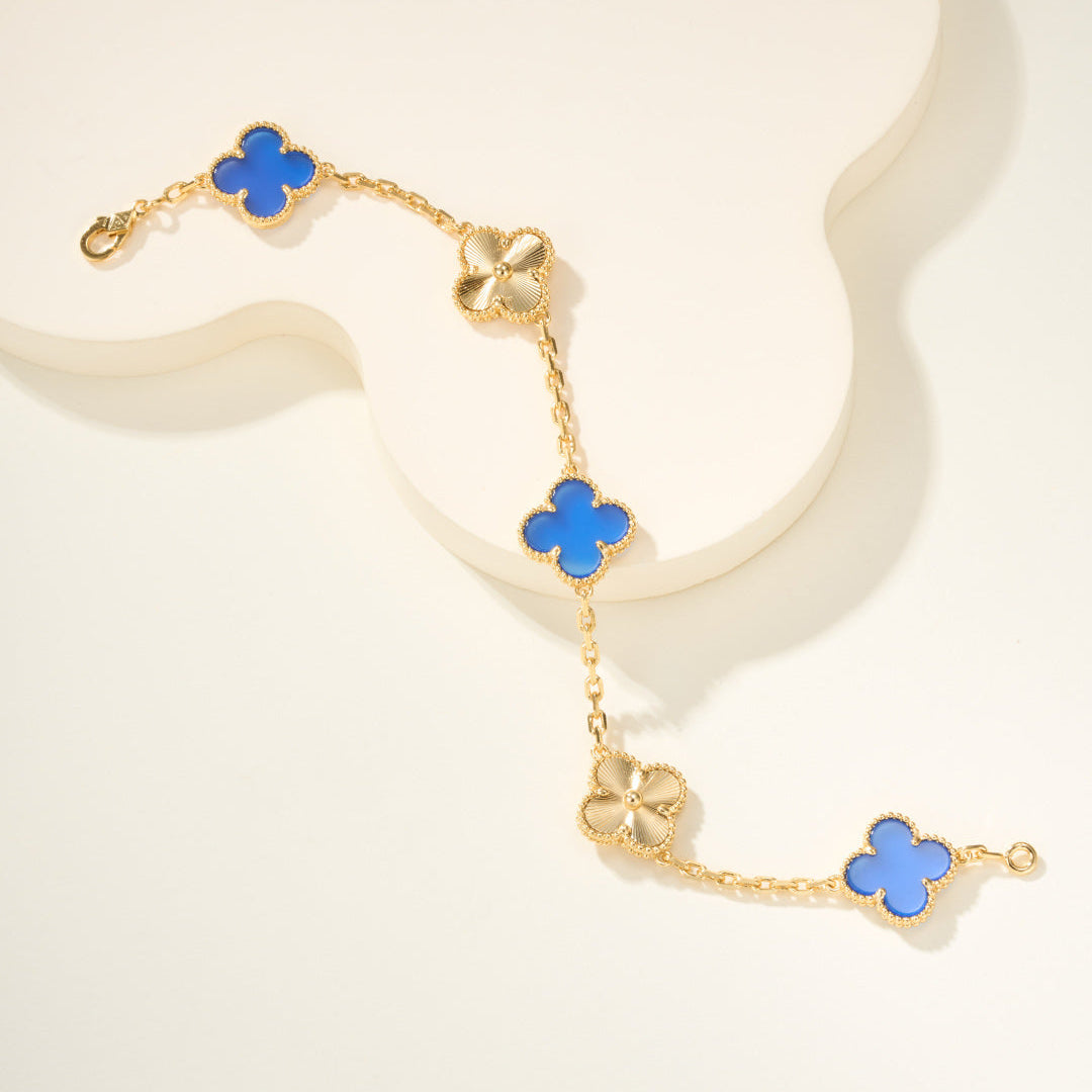 Carved Blue Chalcedony Five-Motif Bracelet – Delicate Floral Design
