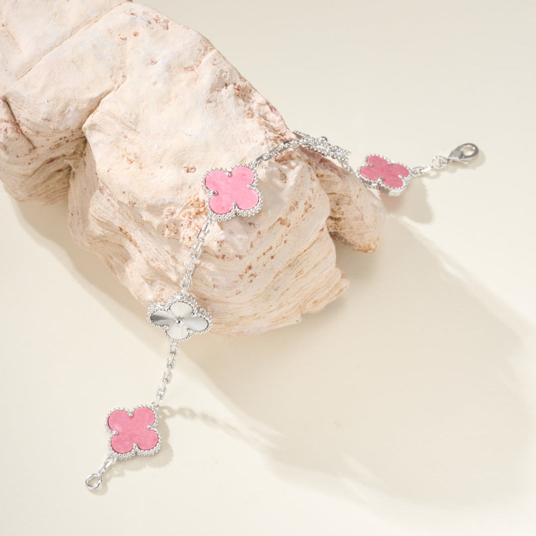 Carved Rhodonite Five-Motif Bracelet – Rose-Pink Floral Design
