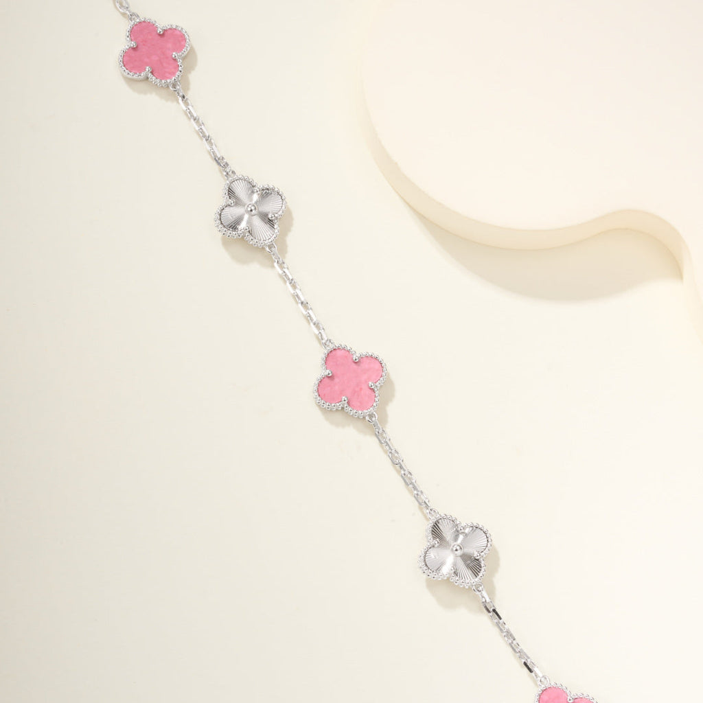 Carved Rhodonite Five-Motif Bracelet – Rose-Pink Floral Design