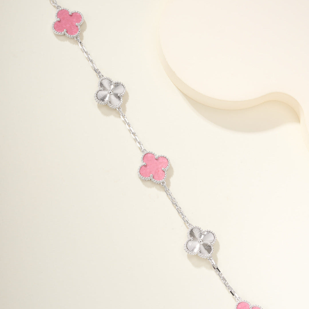 Carved Rhodonite Five-Motif Bracelet – Rose-Pink Floral Design