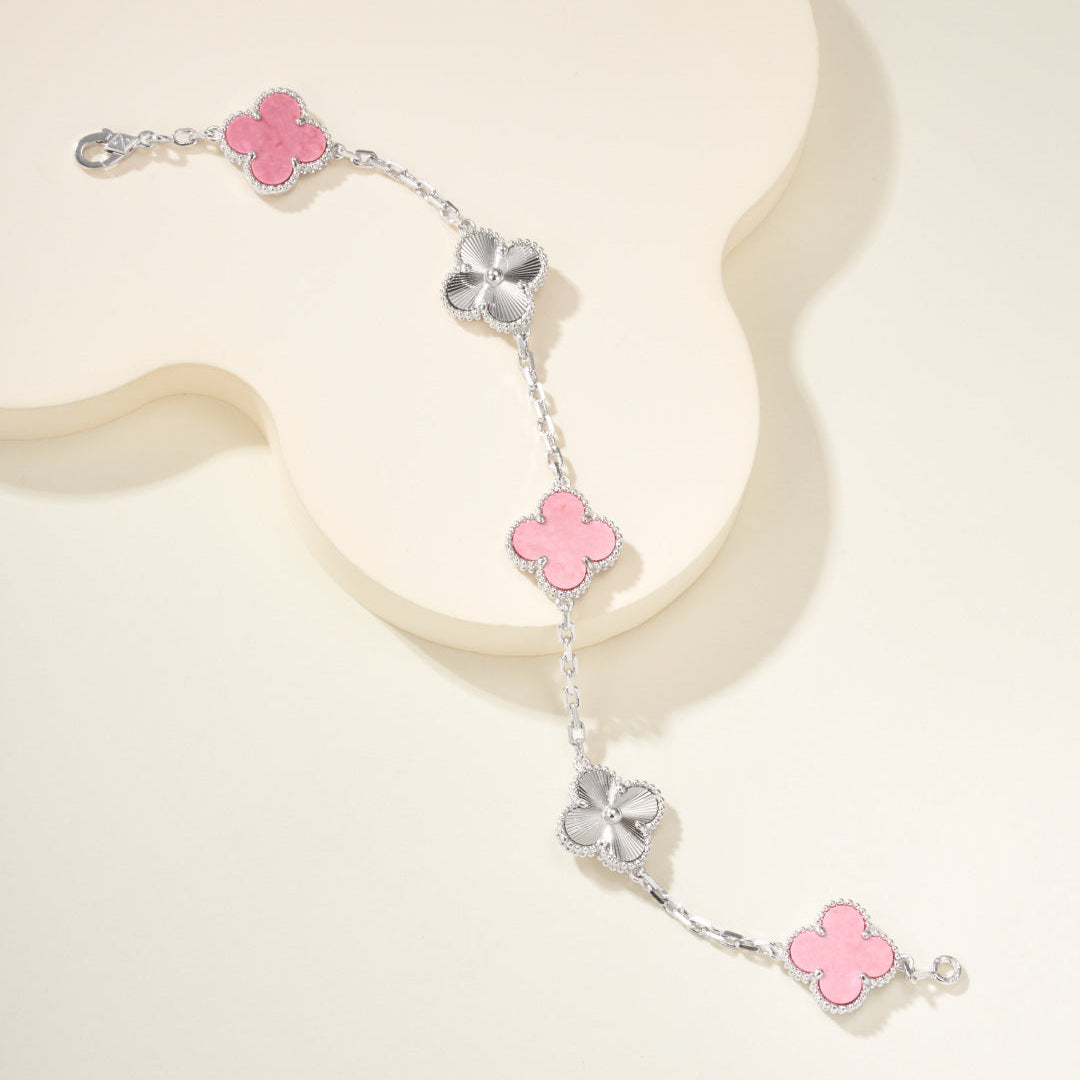 Carved Rhodonite Five-Motif Bracelet – Rose-Pink Floral Design