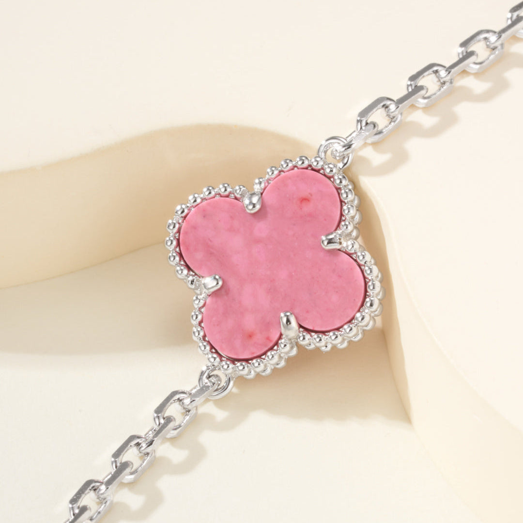 Carved Rhodonite Five-Motif Bracelet – Rose-Pink Floral Design
