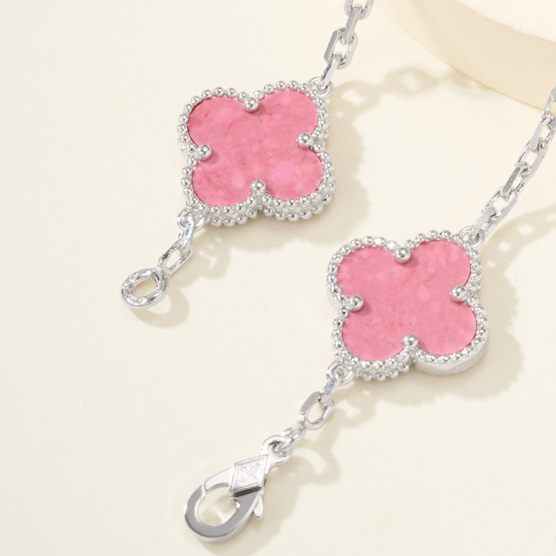 Carved Rhodonite Five-Motif Bracelet – Rose-Pink Floral Design