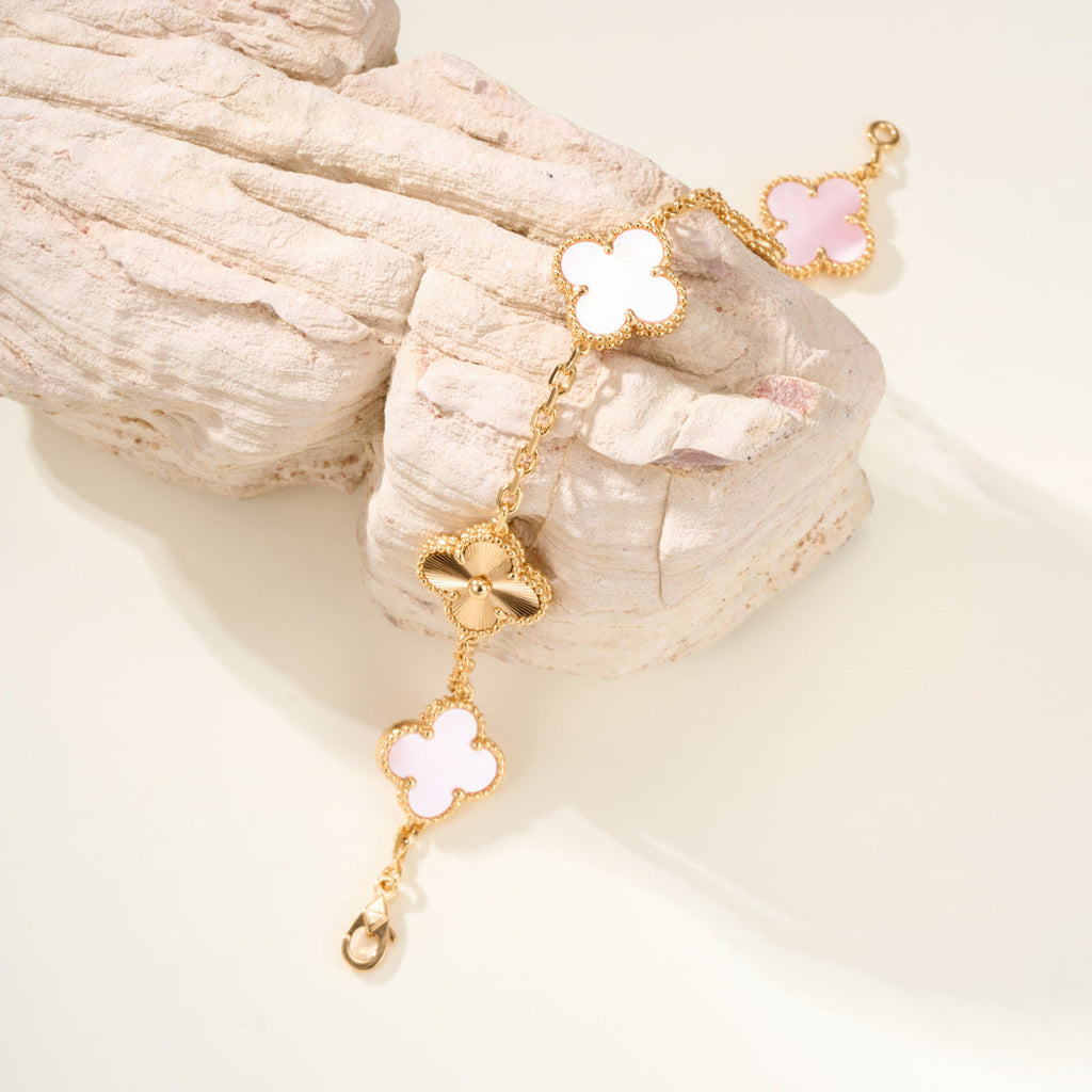 Pink Mother-of-Pearl Five-Motif Bracelet – Faceted Floral Design