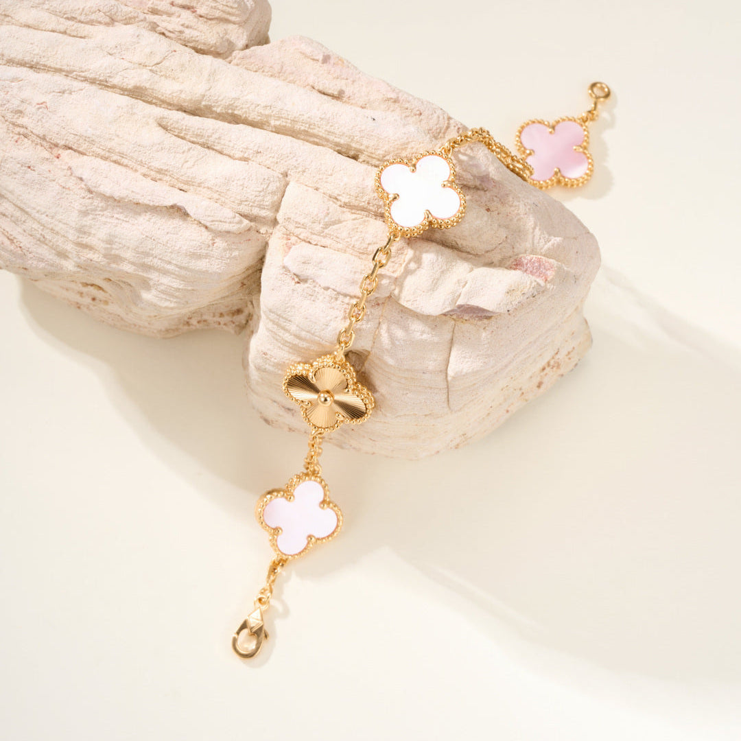Pink Mother-of-Pearl Five-Motif Bracelet – Faceted Floral Design