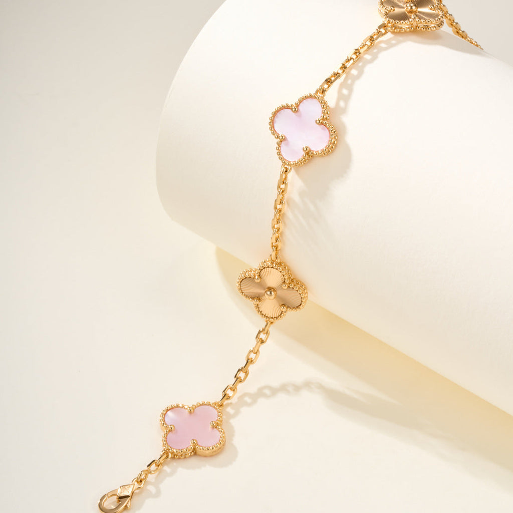 Pink Mother-of-Pearl Five-Motif Bracelet – Faceted Floral Design