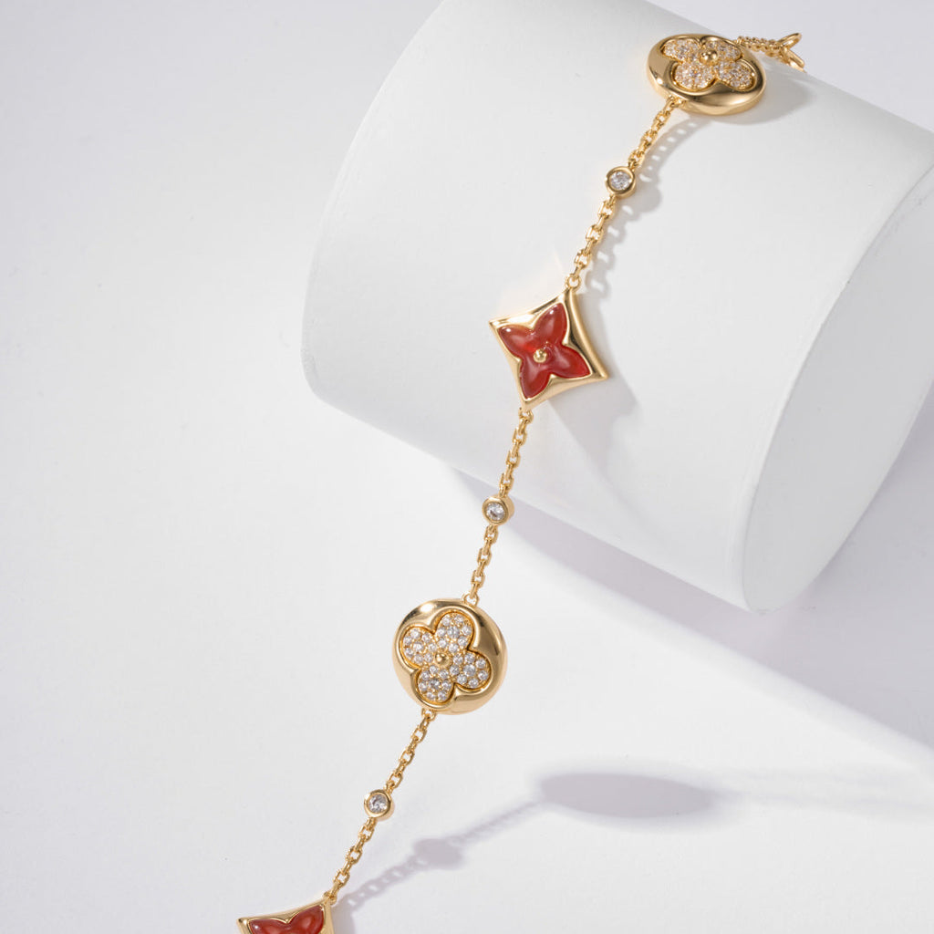 Red Carnelian Bracelet with Gemstone Petals – Elegant Floral Charm