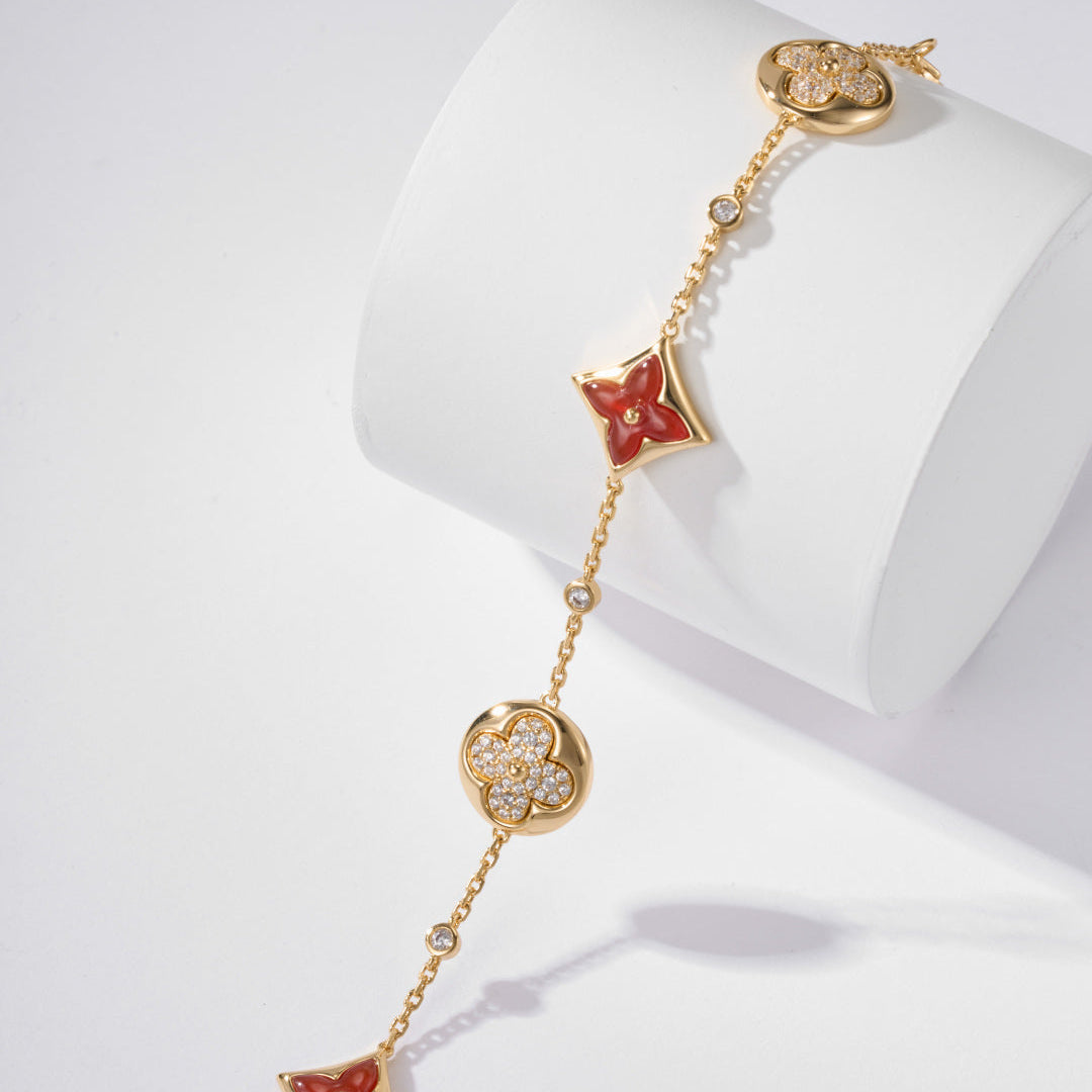 Red Carnelian Bracelet with Gemstone Petals – Elegant Floral Charm