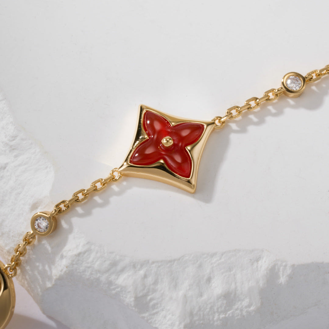 Red Carnelian Bracelet with Gemstone Petals – Elegant Floral Charm