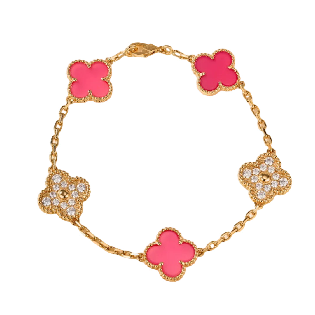 Pink Ceramic & Full-Gemstone Four-Leaf Clover Bracelet – Five Pieces