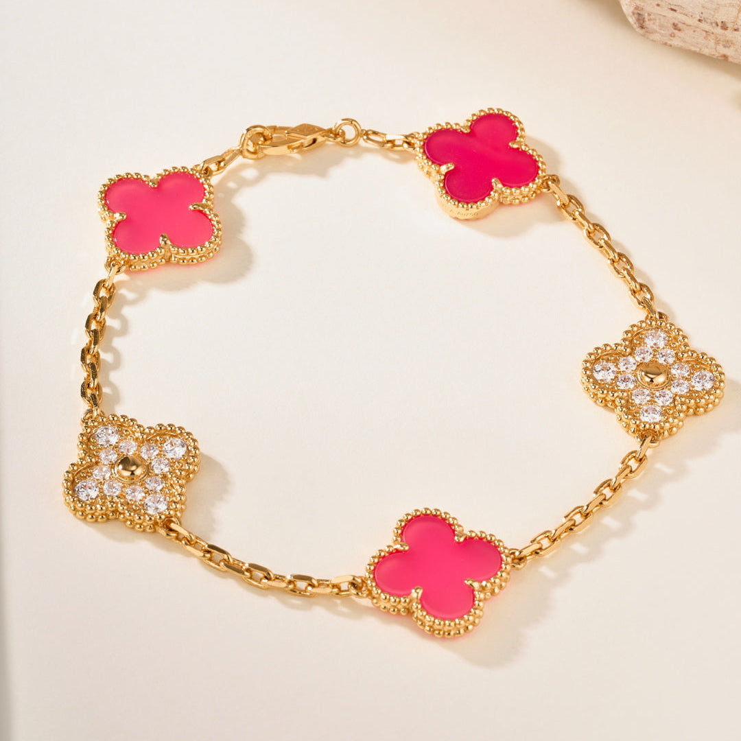 Pink Ceramic & Full-Gemstone Four-Leaf Clover Bracelet – Five Pieces