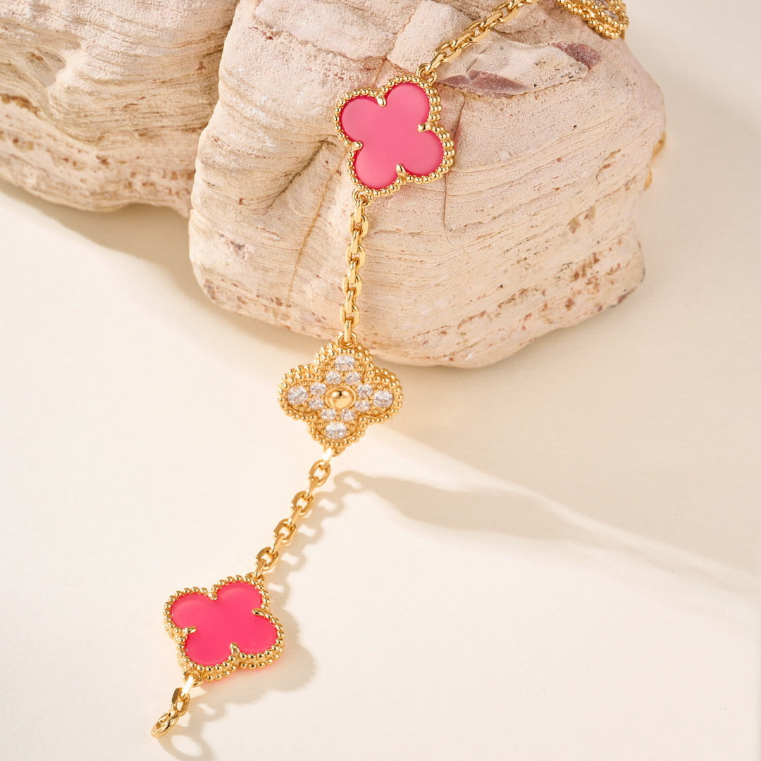 Pink Ceramic & Full-Gemstone Four-Leaf Clover Bracelet – Five Pieces