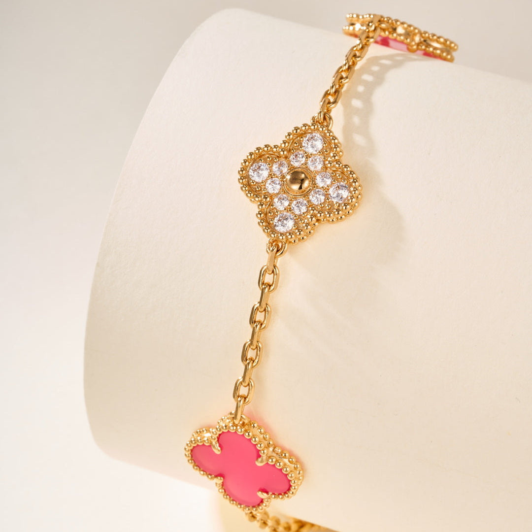 Pink Ceramic & Full-Gemstone Four-Leaf Clover Bracelet – Five Pieces
