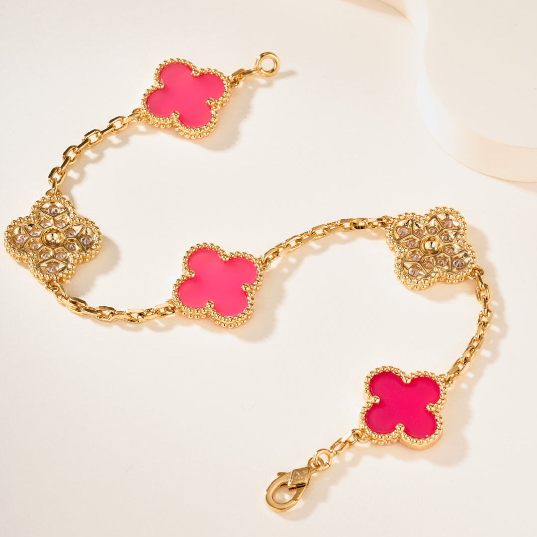 Pink Ceramic & Full-Gemstone Four-Leaf Clover Bracelet – Five Pieces
