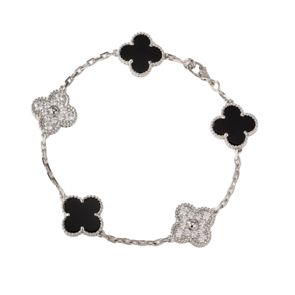 Black Onyx & Gemstone Four-Leaf Clover Bracelet – Five Motifs