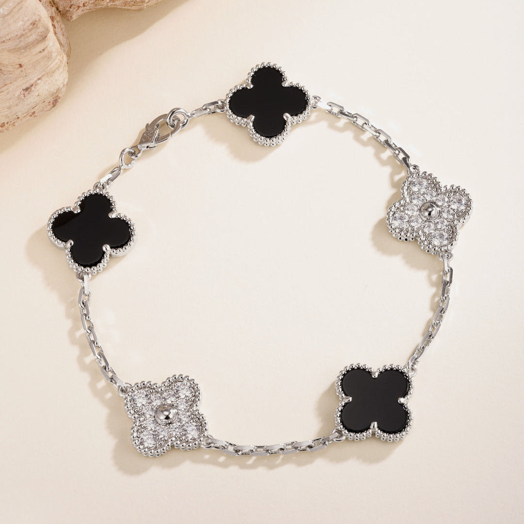 Black Onyx & Gemstone Four-Leaf Clover Bracelet – Five Motifs