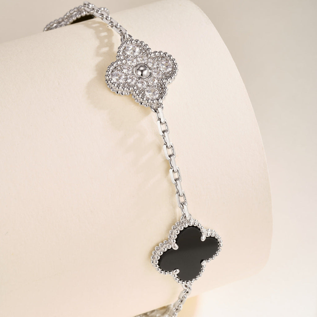 Black Onyx & Gemstone Four-Leaf Clover Bracelet – Five Motifs