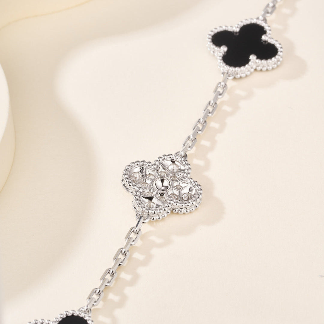 Black Onyx & Gemstone Four-Leaf Clover Bracelet – Five Motifs
