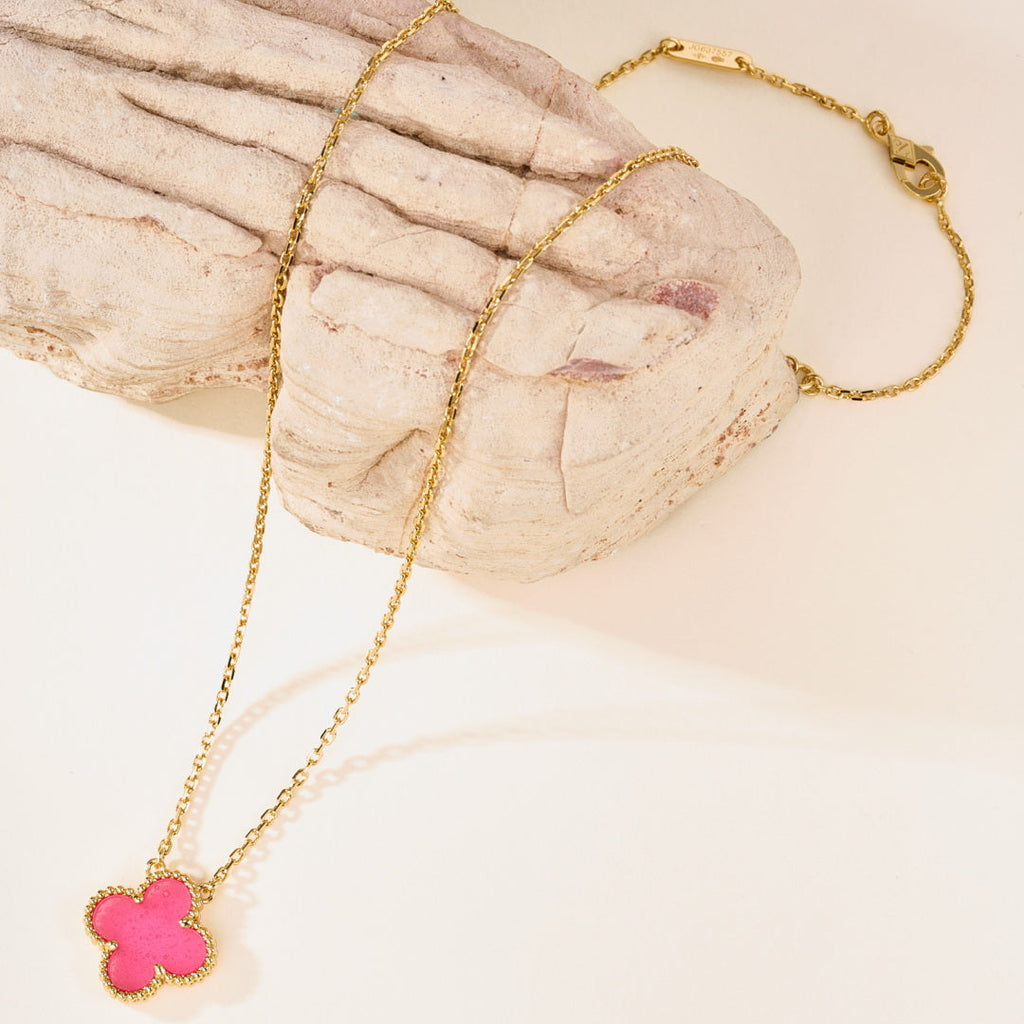Pink Enamel Four-Leaf Clover Pendant Necklace – Single Clover Charm