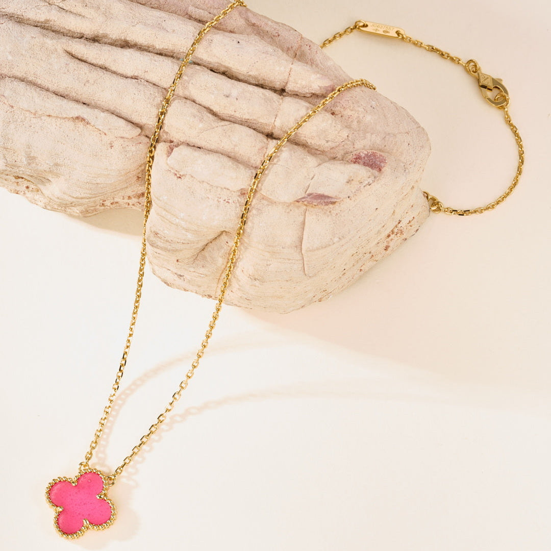Pink Enamel Four-Leaf Clover Pendant Necklace – Single Clover Charm