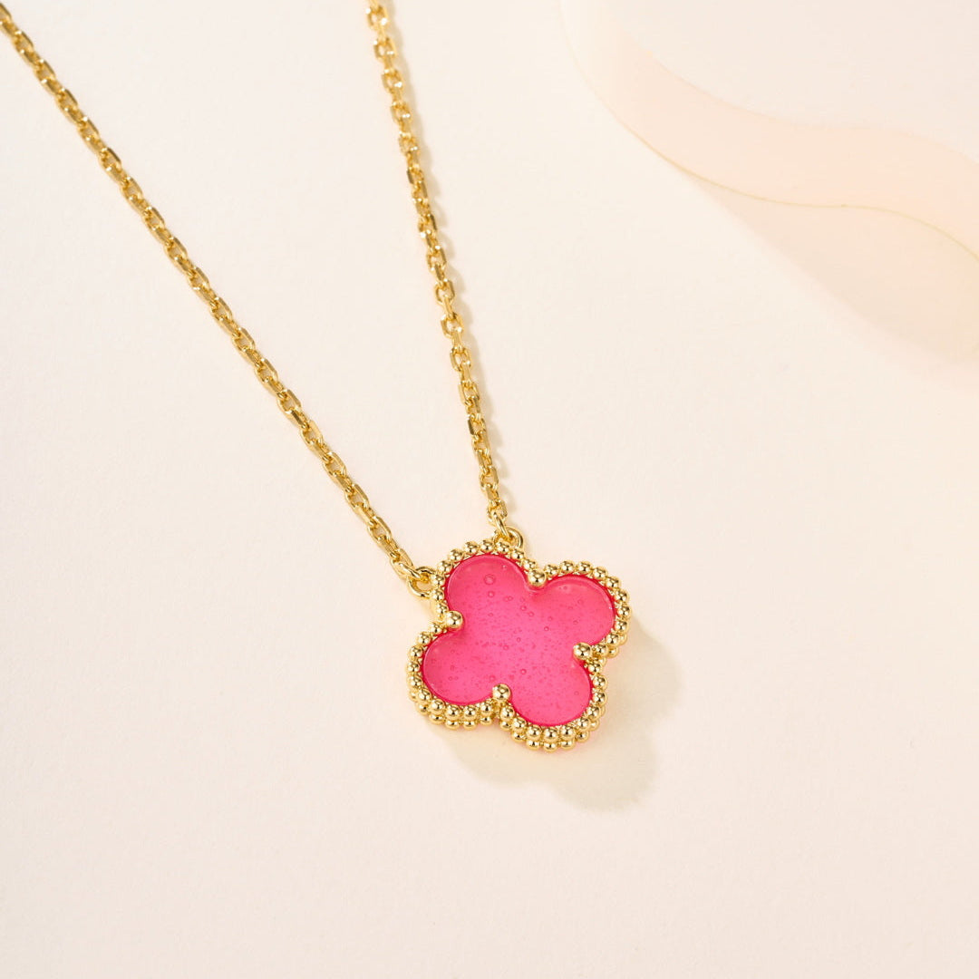 Pink Enamel Four-Leaf Clover Pendant Necklace – Single Clover Charm