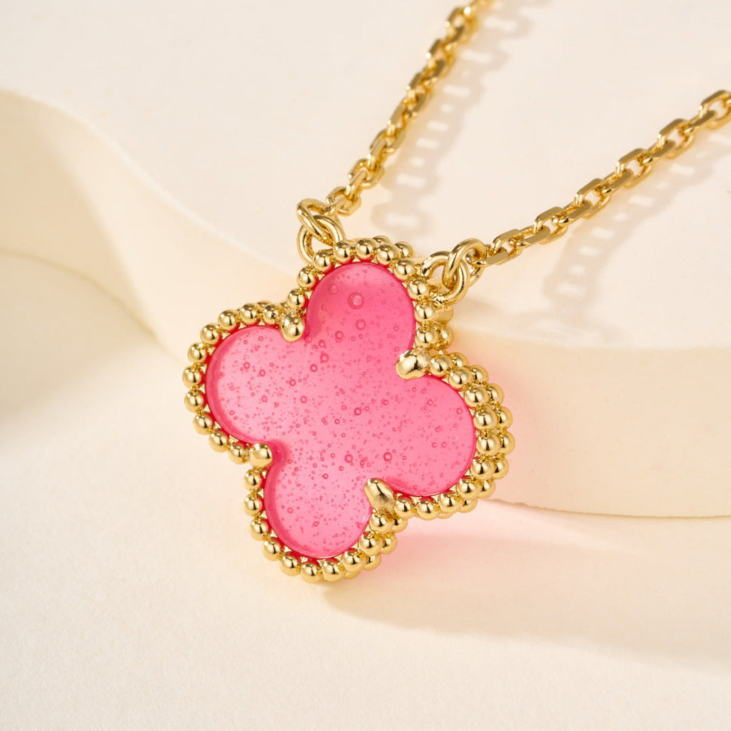 Pink Enamel Four-Leaf Clover Pendant Necklace – Single Clover Charm