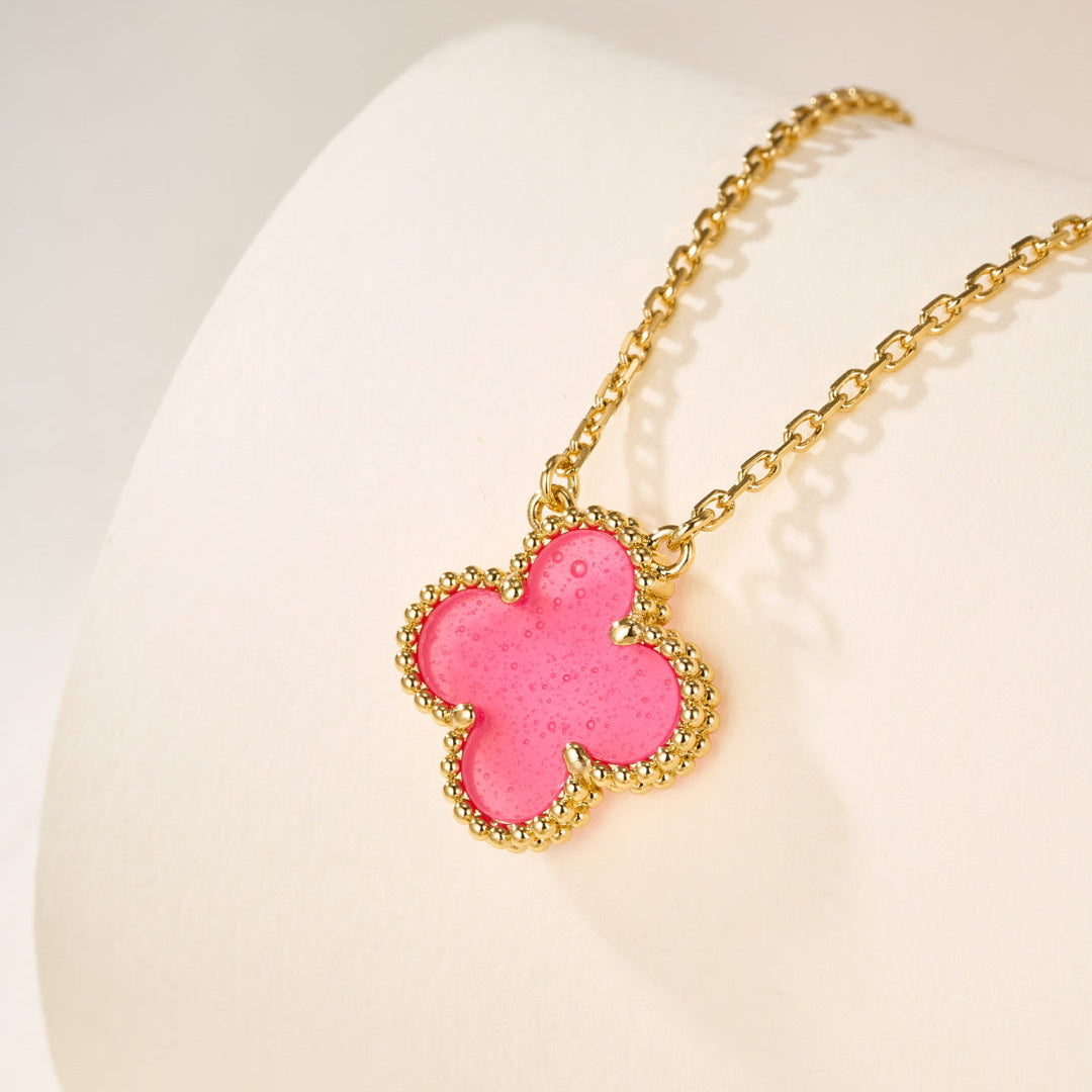 Pink Enamel Four-Leaf Clover Pendant Necklace – Single Clover Charm