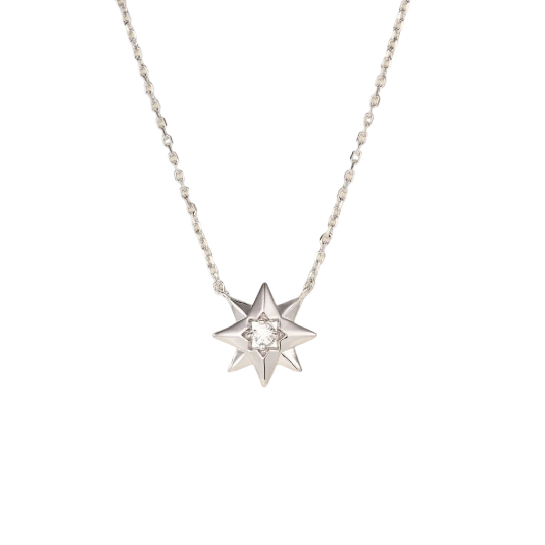 Eight-Pointed Star Necklace with Gemstones – 3D Star Pendant, Understated Style