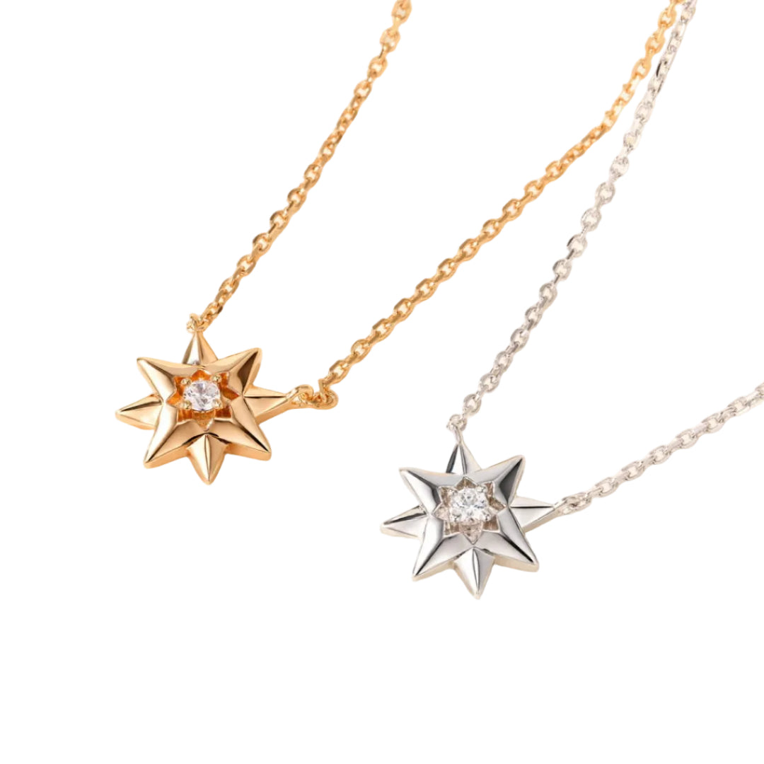 Eight-Pointed Star Necklace with Gemstones – 3D Star Pendant, Understated Style