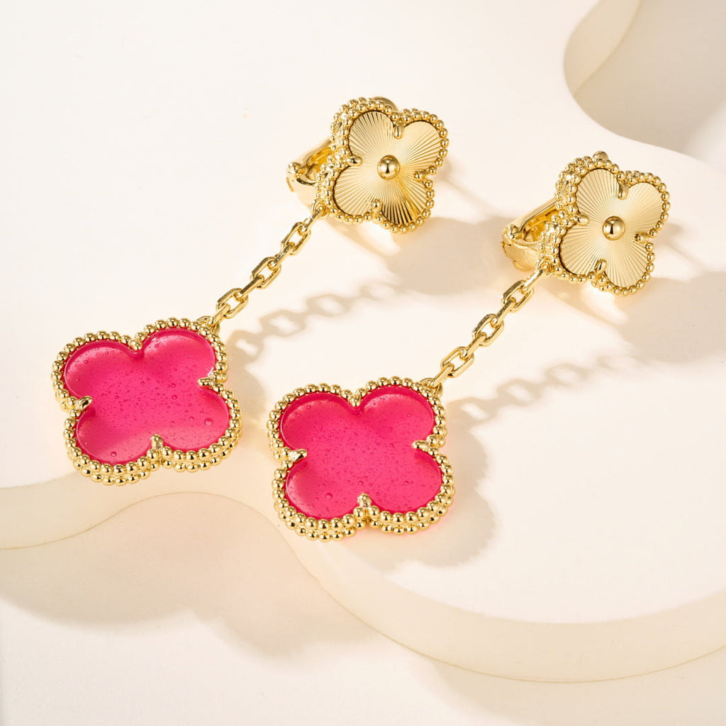 Pink Bubble Enamel Four-Leaf Clover Drop Earrings–Double Flower Design