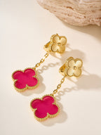 Pink Bubble Enamel Four-Leaf Clover Drop Earrings–Double Flower Design