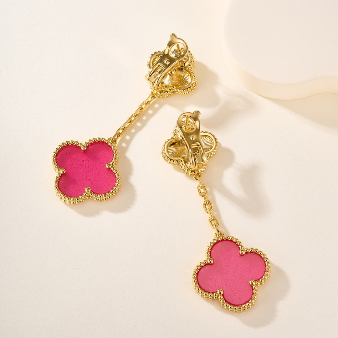 Pink Bubble Enamel Four-Leaf Clover Drop Earrings–Double Flower Design