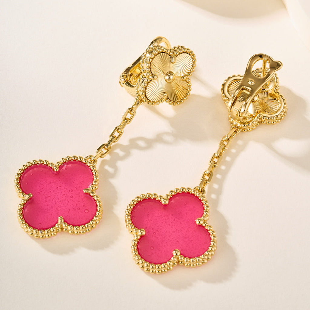 Pink Bubble Enamel Four-Leaf Clover Drop Earrings–Double Flower Design