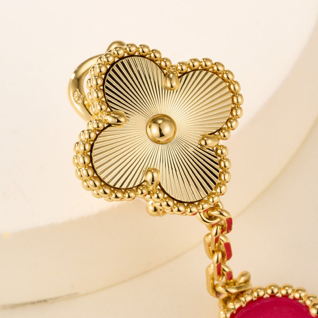 Pink Bubble Enamel Four-Leaf Clover Drop Earrings–Double Flower Design
