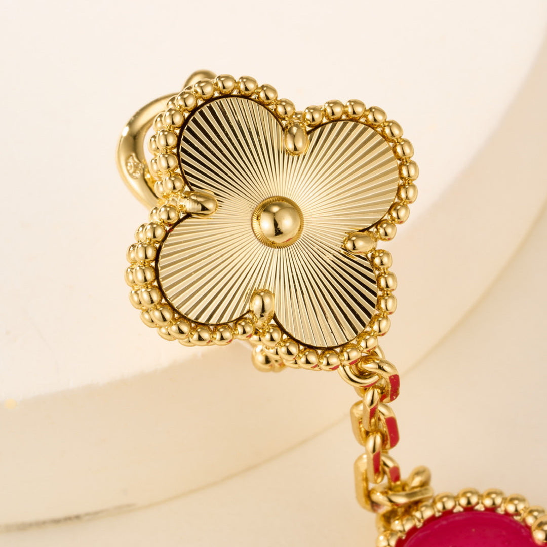 Pink Bubble Enamel Four-Leaf Clover Drop Earrings–Double Flower Design